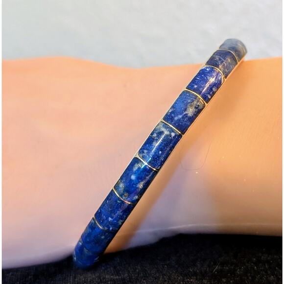 Vintage 950 Sterling Silver Lapis Lazuli Inlay Round Bangle Bracelet - Picture 1 of 10